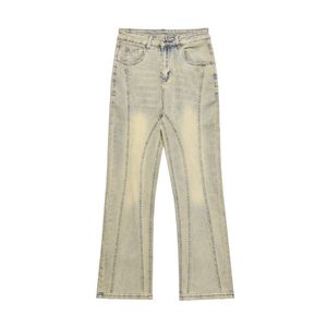 American street washed mud yellow straight leg pants, men's patchwork deconstruction denim pants