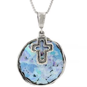 Handcrafted Roman Glass Sterling Silver Cross Pendant Chain Ancient Gemstone Jewelry Heart Pattern Historical Significance Gifts
