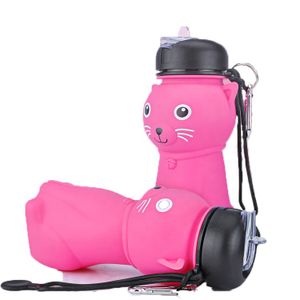 Collapsible Pink Cat Design Removable Carrying Handle Silicone Water Bottle BPA Free