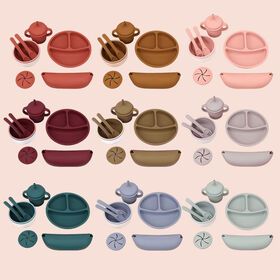 Food safe fashion Baby toddler kids Feeding plate Set silicone bib mold Plates Bowls Spoons eating for toddlerPopular