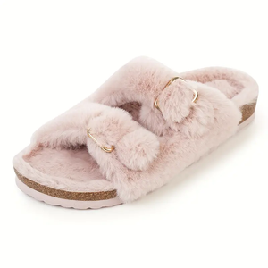 Winter Cork Slippers with Warm Fur Custom Plush Furry Cozy Open Toe Shoes Indoor Outdoor Faux Fashion Comfy Slip On Cork Slipper