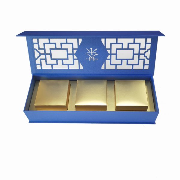 High-end Blue Eco-friendly Packaging Box For Tea Coffee Customized Hollowing Out Design Gift Paper Box