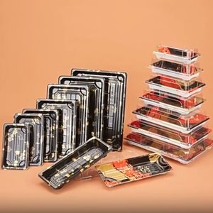 Party supply Disposable plastic tableware 100mm length PS plastic tray black rectangle box with transparent PET lid custom