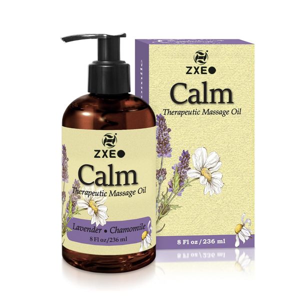 Calm Massage oil with Lavender Chamomile essential oils to relax sore muscles for therapy home use with coconut grapeseed jojoba