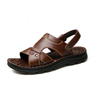 Authentic Outdoor Summer Fashion Men's Beach Shoes Black Brown Leather Non-Slip Wear-Resistant Flat and Waterproof Sandals