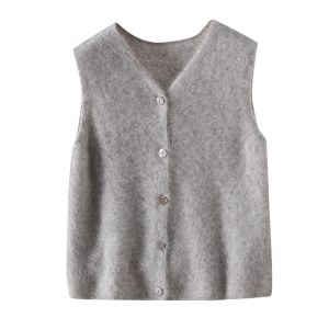 Custom Hot Seller Women Brushed 100%cashmere Sweater Knitted Cardigan Vest Fluffy V Neck Solid Color Winter Spring Autumn