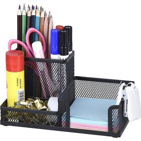3 Compartments Black Mesh Desktop Accessories Office Desk Organizer With Pen Holder