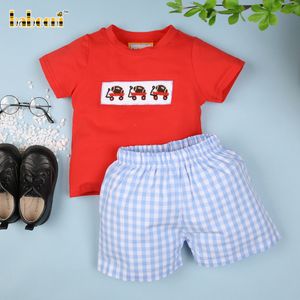 Appliqued ball and trolley boy short set red and blue ODM OEM wholesale smocked children clothing set boys clothing - BB1952