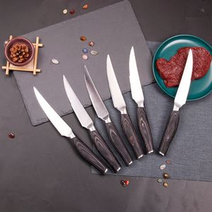Professional Pakka Wood Handle 5 Inch Serrated Utility Knives High Carbon 6pcs Steak Knife Set