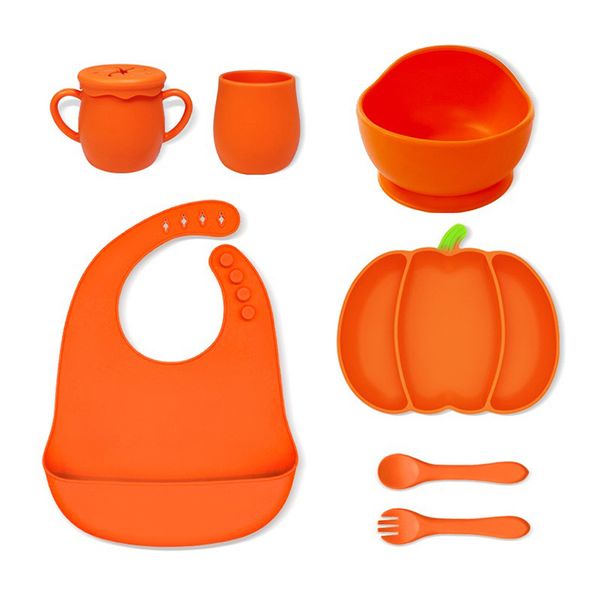 Eco-friendly BPA Free Non-toxic Kids Feeding Bib Strong Suction Plate Bowl Cup Spoon Fork Dining Set Silicone Baby Feeding Set