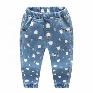 GDTEX ODM OEM hot sale light blue bell bottom jeans elastic waist children denim jeans kids boys cartoon printing kids jeans