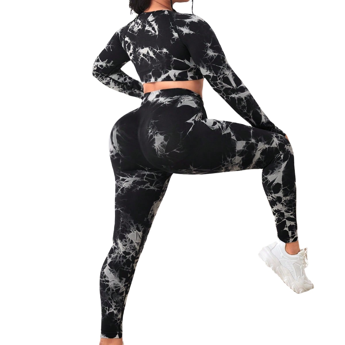 Plus-size women's black grey tie-dye sports fitness yoga set, breathable high elastic abdominal lift hip outdoor running set