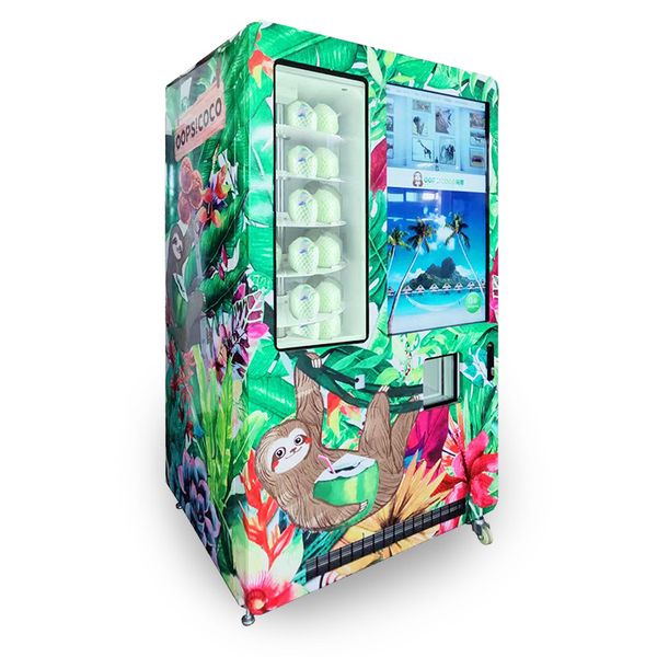 2022 new design 43" touch screen visible window fully automatic mechanical hand cool coconut vending machine
