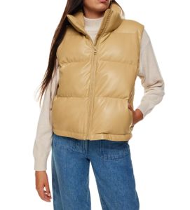 Women's Ultra-Light Red PU Leather Puffer Jacket Sleeveless Winter Outwear with down Fill and Line Decoration