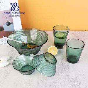 Family set green color solid glassware In stock glass serving bowl kitchenware fruit bowl for sale