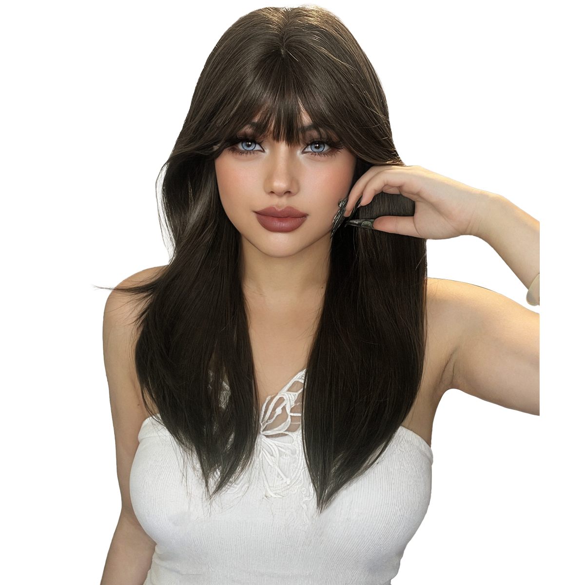 24Inch Black Brown Color Sexy Lady Synthetic Wigs With Bang Long Silky Straight Hair Wig For Women Daily Use Heat Resistant