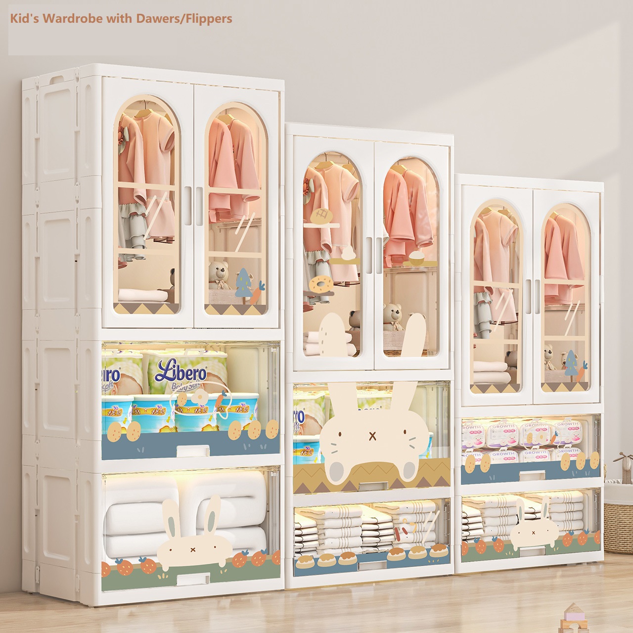 Shenzhen Formwell Household Products Co., Ltd. Formwell-Kid's Wardrobe with Drawers or Flippers Combination Free assemble Wheels at Bottom Anti-reverse