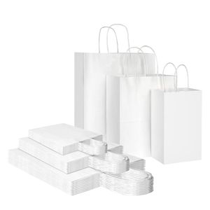 White Kraft Paper Gift Wrap Bags with Handles Bulk for Favors Grocery Birthday Business Craft Merchandise Take Out Sacks