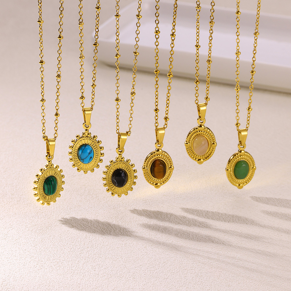 Changsha Mijia Trading Co., Ltd. Vintage Premium Feeling Blue Turquoise Women's Stainless Steel Necklace Plated 18k Gold Chain Bone Chain Ring Jewelry necklaces
