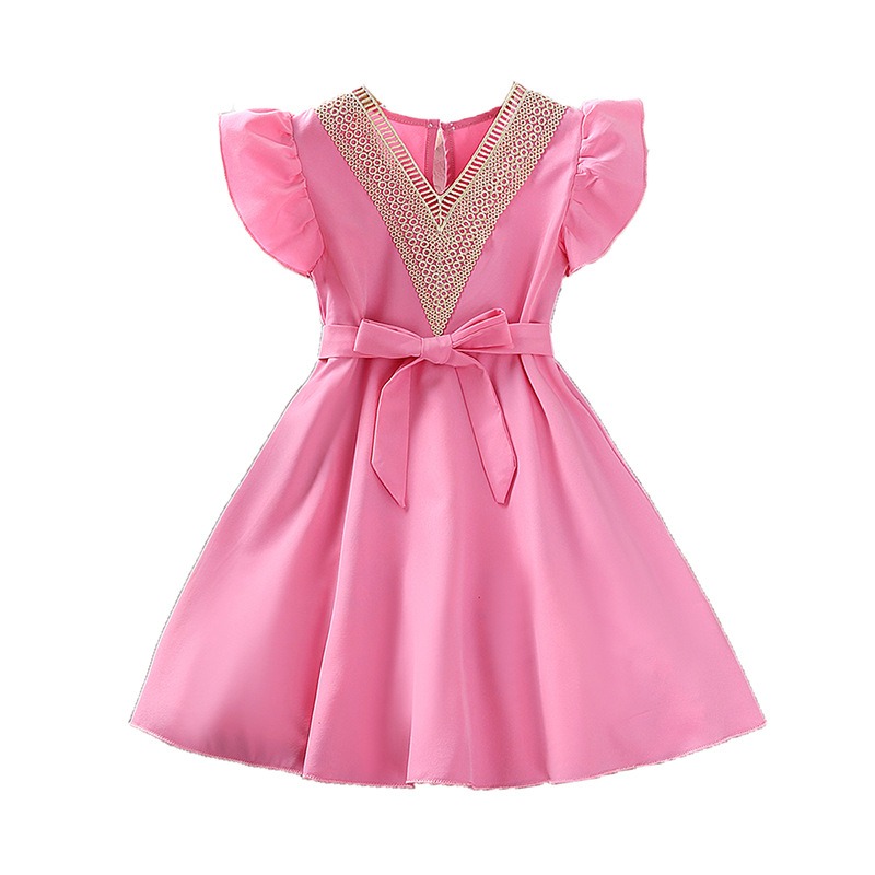Xi 'an Bethany E-Commerce Co., Ltd. 2024 Summer Teenage Girls Clothes Short Sleeve Solid Color Lace V Neck Casual Clothing Princess Dresses pink Dress For Kids