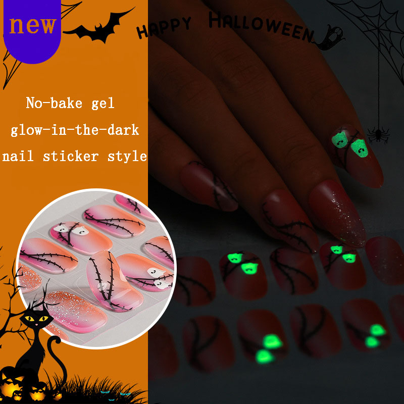 2024 No-bake gel nail sticker Cartoon Halloween glow-in-the-dark nail paste semi-cured