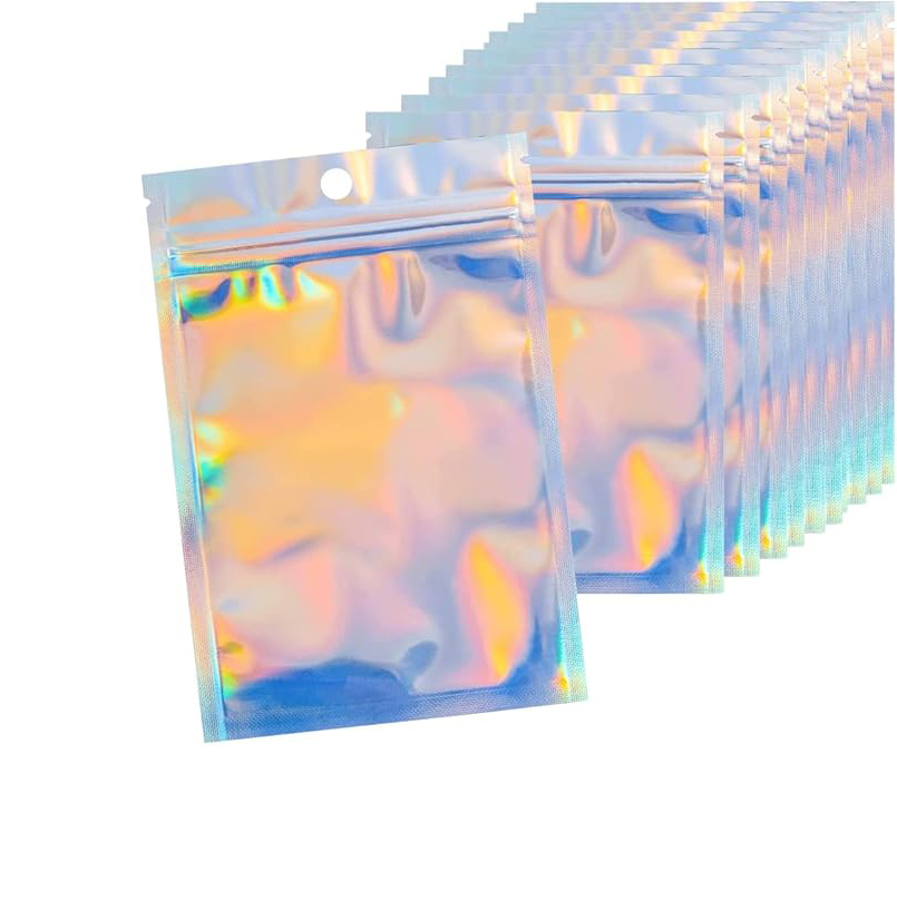 Xiamen Osloo Tech Co., Ltd. Custom Hologram Iridescent Smell Proof Bags Glitter Cosmetic Sample Sachet Mylar Packaging Bags Holographic Zipper Pouch