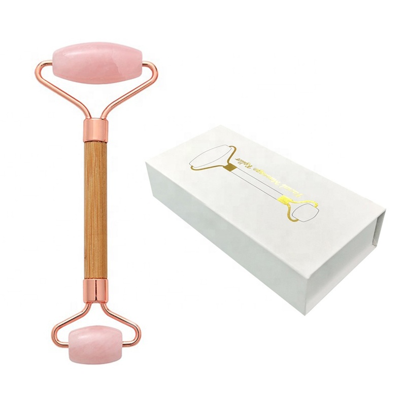 SFM Brand Private Label Pure Natural Pink Bamboo Handle Jade Roller Wrinkle Remover Home Body Massager Facial Roller Set