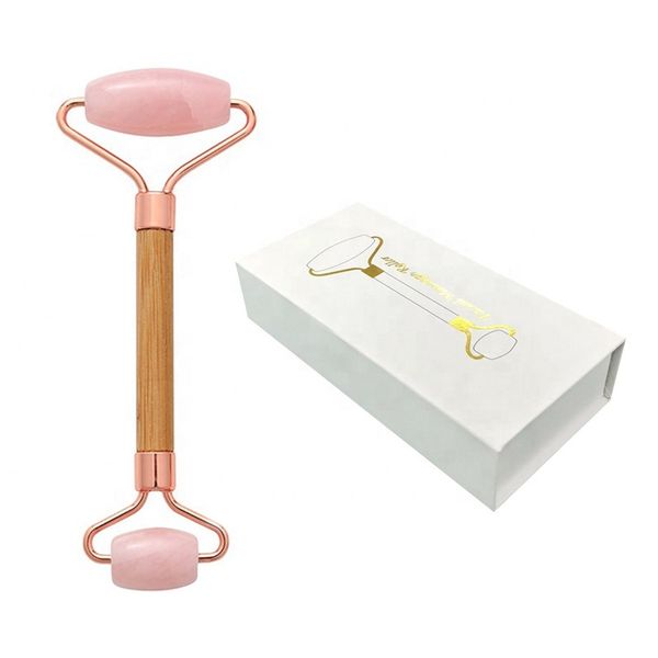 SFM Brand Private Label Pure Natural Pink Bamboo Handle Jade Roller Wrinkle Remover Home Body Massager Facial Roller Set