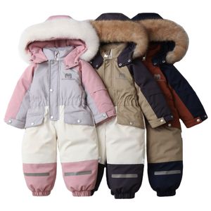 Baby color blocked hooded and plush thick ski suit children's jumpsuit 2024 winter new baby winter clothes