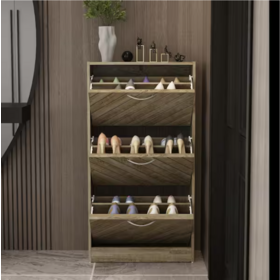 Brown Wood Grain Shoe Storage Cabinet with 3-Drawers and 6-Compartments for Entryway Hallway