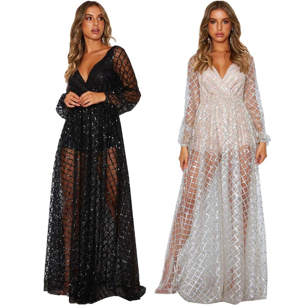 Guangxi Xiongxiong Technology Co., Ltd. Black Glitter Checked Pattern Women Long Transparent Dress Sexy Sheer Gown
