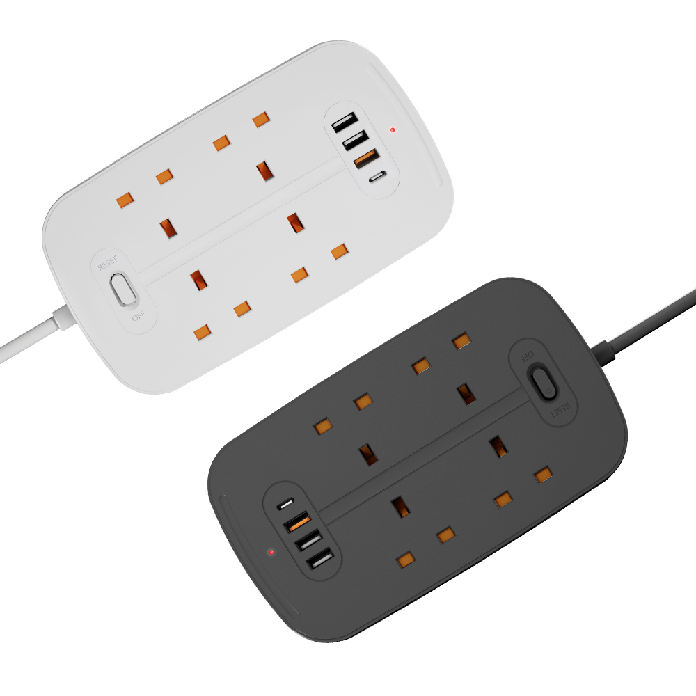 Multi Device 4 Gang UK Outlets 4Usb Ports One Rocker Switch Power Socket Wall Mounted Extension Lead With Overload Protection