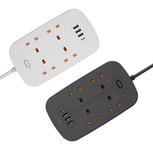 Multi Device 4 Gang UK Outlets 4Usb Ports One Rocker Switch Power Socket Wall Mounted Extension Lead With Overload Protection