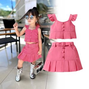 Children's clothing girls fashion set butterfly sleeve halter short top + pleated skirt ins solid color 2-piece baby clothing
