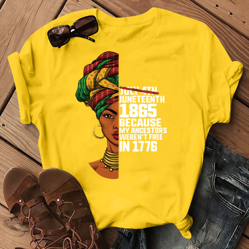 Drop Shipping Products 2024 Women Short Sleeve Clothing Graphic Juneteenth Day Yellow Tshirt Casual Basic Tee Top Print T Shirt