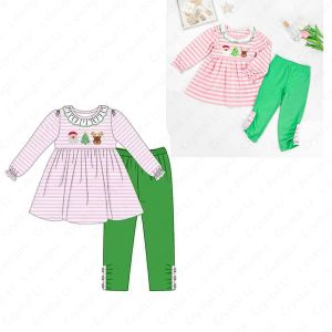 High quality Christmas girl clothes sets 100% cotton pink stripe girls children's clothing long sleeve girl winter outfits