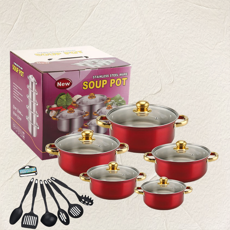 Yiwu Kangpahe Kitchenware Co., Ltd. Wholesale 16 pieces stainless steel gold-plated handle indoor cooking gift pot set