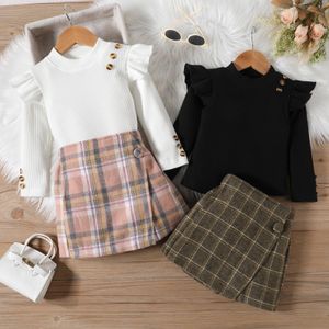 New Arrival Spring Ruffle Strip Knitted Pullover Plaid Skirt 2Pcs Baby Girl Clothing set