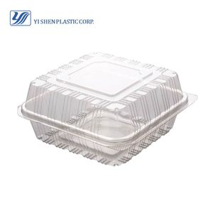 7"x7" hinged clamshell PET container  for food stackable and equipped with a hinged lid. Foldable Plastic Lunch Packaging