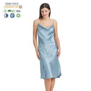 Silk Blue Strapless Slip Nightdress With 6A Grade 100% MulberryWomen Pajamas Sexy Sleepwear