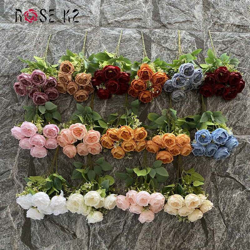 Hangzhou Fenying Trading Co., Ltd. Wholesale Wedding Decoration Bulk Artificial Red White Flowers Roses Silk Real Touch 7 Heads Artificial Roses Bunch Bouquet