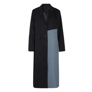 OUDINA Women's Elegant Long Coat Retro Suit Collar Design New Contrasting Color Waterproof Patchwork Jacket Plain Dyed Technique
