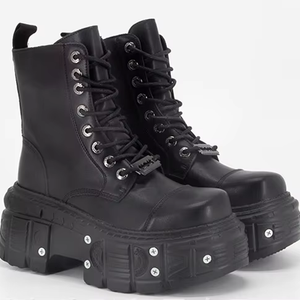 Oumet black motorcycle boots heavy metal thick soles high top shoes 2024 spring new female punk small leather shoes brother tide