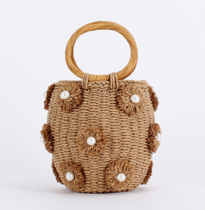Flower Pearl Handmade Women'S Summer Shoulder Braided Tote Straw Beach Bag