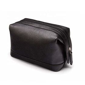 Wholesale Zipper Black Genuine Leather Men Travel Toiletry Bag Cosmetic Bag Kit Branded