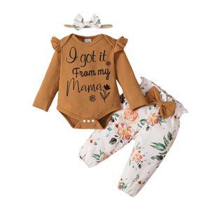 Autumn Newborn Baby Girl Clothes Cute 3Pcs Jumpsuit Floral Pants Headband Set Fly Sleeve Letter Baby Romper Set