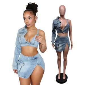 2024 Fashion Denim Women's Set Long One Sleeve Crop Jacket and Side Split Jeans Midi Skirt Two 2 Piece Sets Outfits