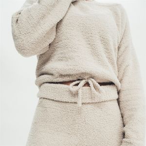 Newly High Quality Custom Logo Soft Plush Oversized Cotton Knitted Women Lounge Wear Fleece Casual Fluffy Sweater Sweatpants Set