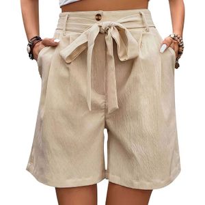 Simple casual lace-up shorts elastic waist solid color straight leg short pants women