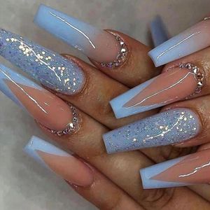 Nailway 3D Rhinestone Stick On False Nails With Gradient Design French Tip Gel Bling Glitter Press On Artificial Nails